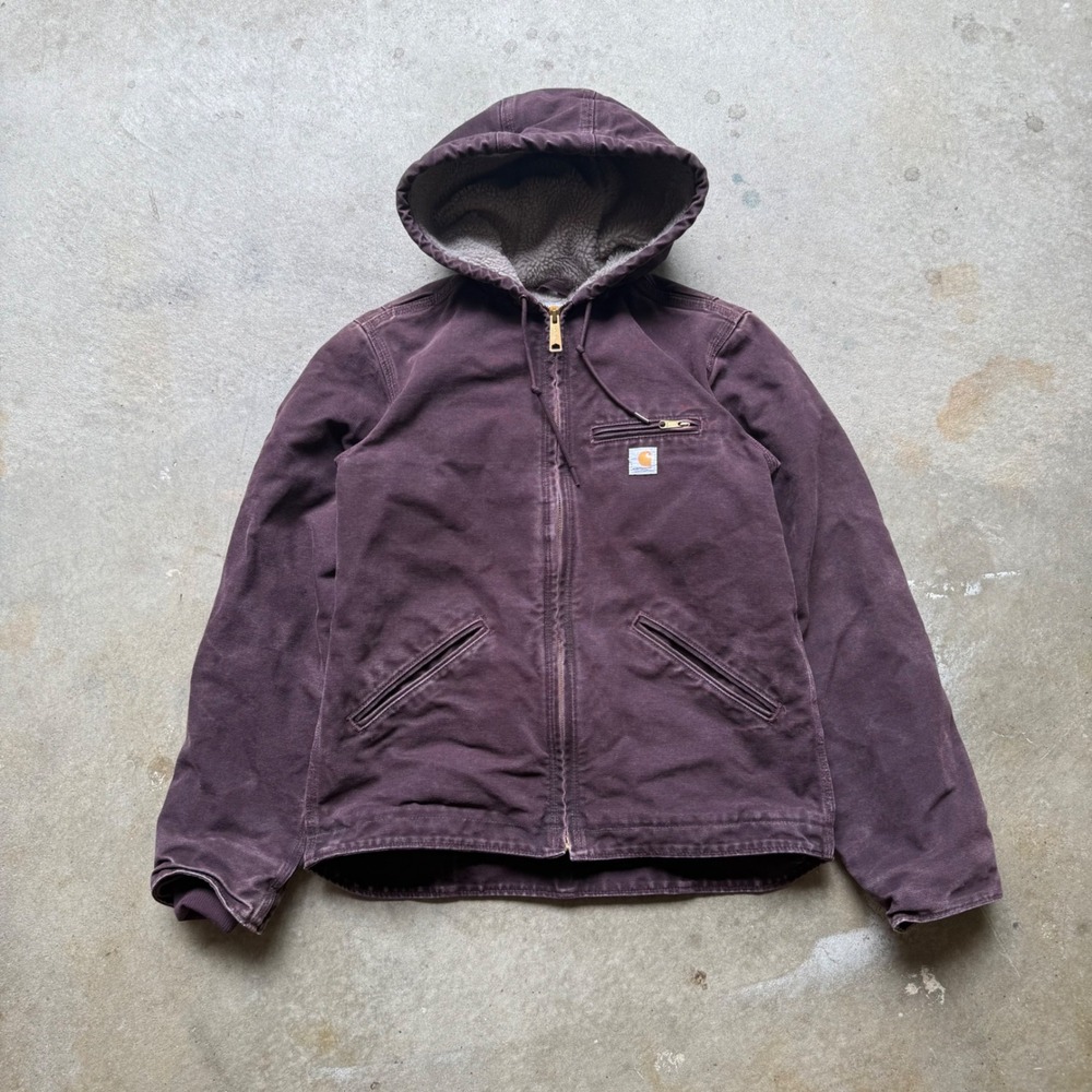 Carhartt Womens XS Sherpa Lined Sandstone Duck Canvas Jacket Plum Burgundy WJ141